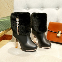 Botines de PU artificial con pedrería, tacones gruesos, punta puntiaguda, cremalleras laterales, para invierno, uso casual, forro de algodón resistente al desgaste