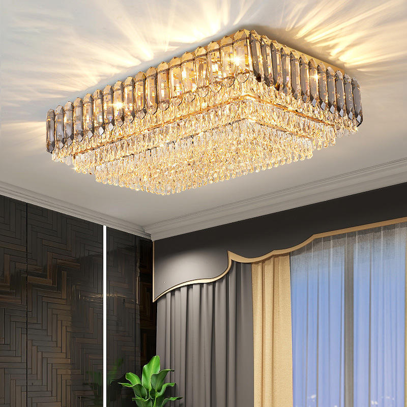 Modern Multi Tier K9 Crystal Ceiling Lamps Rectangular Round Chrome Ceiling Light for Bedroom Living Room