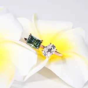 Yu Ying Unique design Jewelry 14K Rose Gold Green & White Moissanite Diamond Ring Radiant and Oval Open Ring For Women