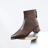 Bottines à bout pointu pour femmes, talon bloc, cuir extensible, embout métallique, fermeture éclair au dos, bottes chaussettes tendance, 3 couleurs