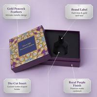 Caja de Regalo de Perfume Personalizada con Plumas de Pavo Real Púrpuras, Diseño Metálico Dorado, Inserto Rígido de Dos Piezas, Empaque de Fragancia de Nicho