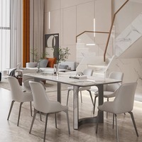 Ensemble de table à manger moderne avec plateau en pierre et pieds en acier, 8 places, table carrée avec chaises en cuir, meubles durables et écologiques pour la maison