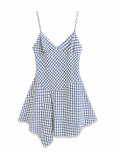 Minivestido azul a cuadros sin mangas con cuello corazón y dobladillo de encaje, ropa informal de verano - Product Image 3