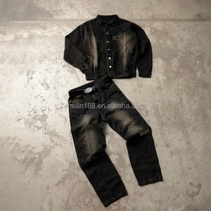 Factory Custom <b>Jean</b> Suit for <b>Men</b> Two Piece Set Button up Denim <b>Jackets</b> and <b>Jeans</b> Baggy Pants Vintage <b>Black</b> Denim Set - Product Image 1