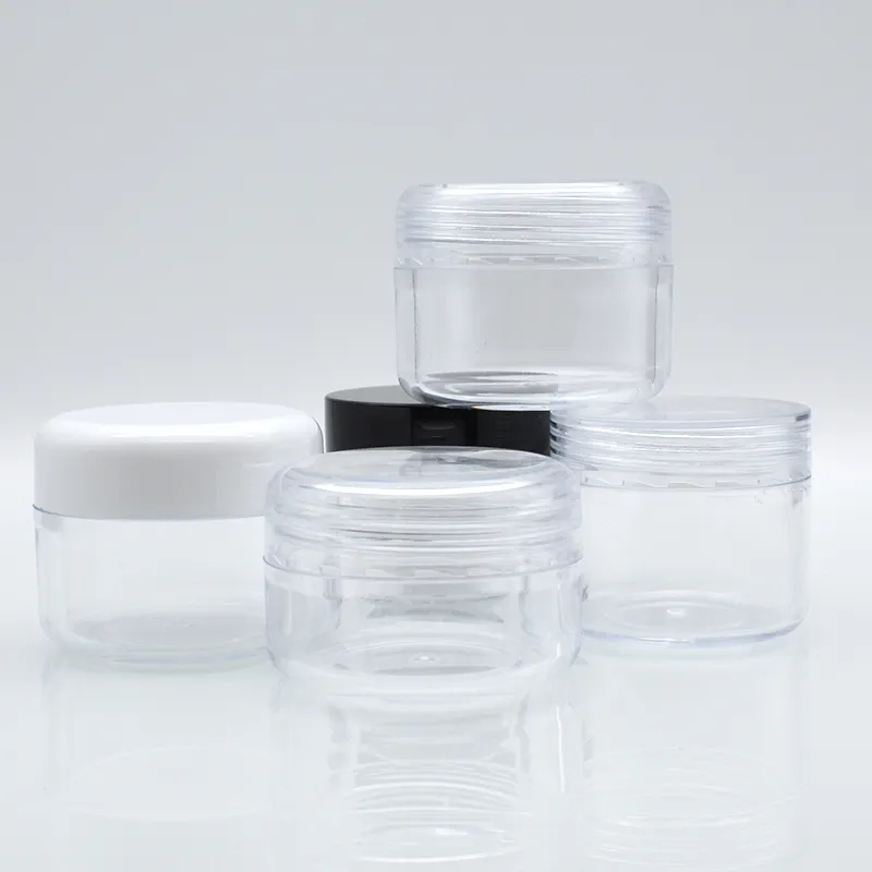 Envase cosmético vacío al por mayor tarro envases de plástico pequeño PS 3G plástico transparente con tapas personalizadas 3G 5G 10g 15G 20G 30g