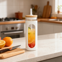 Bouteille en verre sans BPA avec couvercle en bambou, manchon en silicone coloré et paille pour une hydratation saine et la décoration de la maison