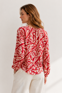 Chemisier ample <span class=keywords><strong>pour</strong></span> femme en 100% Ramie, imprimé abstrait rouge, col en V, manches ballon, style bohème décontracté, hauts d'été - Product Image 3