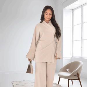 LE DUO Women's Wrap V-neck <b>Bell</b> Sleeve Long Sleeve Top with High Waisted Wide Leg Pants Two-Piece <b>Outfit</b> - Product Image 1