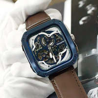 Nouvelle arrivée, montre mécanique squelette, cadran bleu carré, aiguilles lumineuses, bracelet en cuir, montre-bracelet pour homme