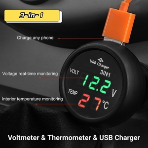 Moniteur de batterie de voiture 3-en-1 : Voltmètre numérique LED, Port de charge USB et Thermomètre, Adaptateur allume-cigare USB - Product Image 3