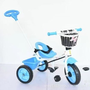 Children's Tricycle With Basket And Push Handle For 2 To 4 Years Old Indoor Outdoor Use Blue Color <b>Plastic</b> <b>Wheels</b> - Product Image 1