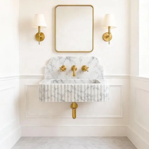 Lavabo Individual de Mármol Personalizado, Diseño Moderno Acanalado, Lavabo Flotante con Protector Trasero de Mármol, Grifo, Conjunto de Lavabo Pequeño <span class=keywords><strong>para</strong></span> Baño - Product Image 5