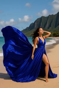 Nuevo Vestido Elegante Azul Rey de Satén para Sesión de Fotos en la Playa, Lujoso, Largo hasta el Suelo, Asimétrico, Sin Espalda, Largo hasta la Rodilla, Cuello en V, Corte Alto - Product Image 2