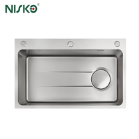 Évier de cuisine multifonctionnel Nisko 304 en acier inoxydable noir ou argenté, fait main, avec cascade intégrée