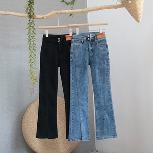 Flared Jeans Mid Waist Straight Leg Regular Fit Double Button <b>Stretch</b> <b>Denim</b> Women's Pants Retro Slit Colored Wash - Product Image 1