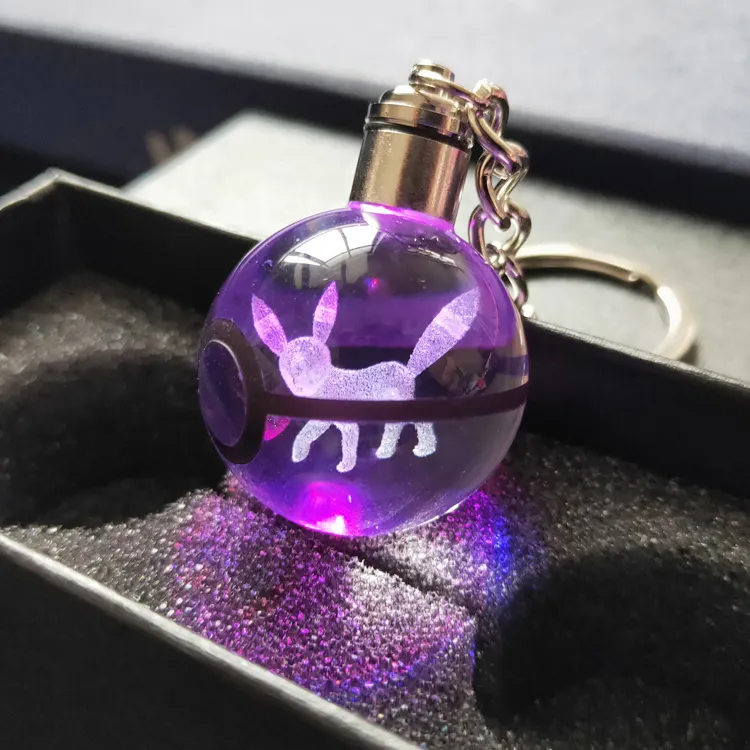 Chaveiro de cristal de chaveiro, varal led de 30mm k9 com luz de led para presente de pokeball