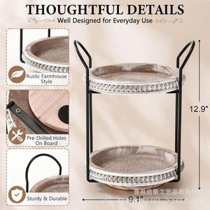 Wooden Rotatable Beaded Decorative <b>Tray</b> Round Double Layer <b>Storage</b> Stand For Bathroom Personal Care Products Distressed Finish - Product Image 4