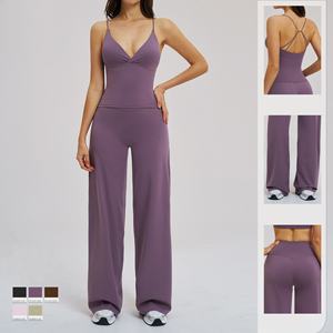 Ensemble de sport respirant uni pour femme, 6 pièces, avec pantalon large et dos élégant, idéal pour les loisirs, l'extérieur, l'équitation, la course et le yoga - Product Image 1