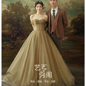 Strapless Ball Gown Wedding Dress Olive Green Vintage Style Long Train Natural Waistline Folds Design - Product Image 4