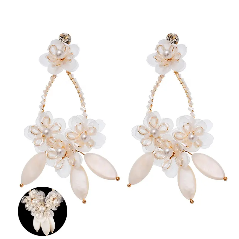 Factory Handmade Wedding Shell Flower Beaded Hoop Earrings Bride Imitation Pearl Women Earrings Designs