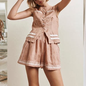 OOTD New Arrival Vintage Canvas <b>Linen</b> Clothing Casual Loose Crew Neck Top for Women Elastic Waist Shorts <b>Set</b> - Product Image 1