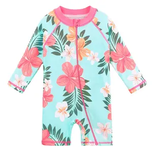 Girls Cyan Flower UPF 50+ Kids Swimwear Long Sleeve Infant Swimsuit Beach Bathing Suit Rash Guards