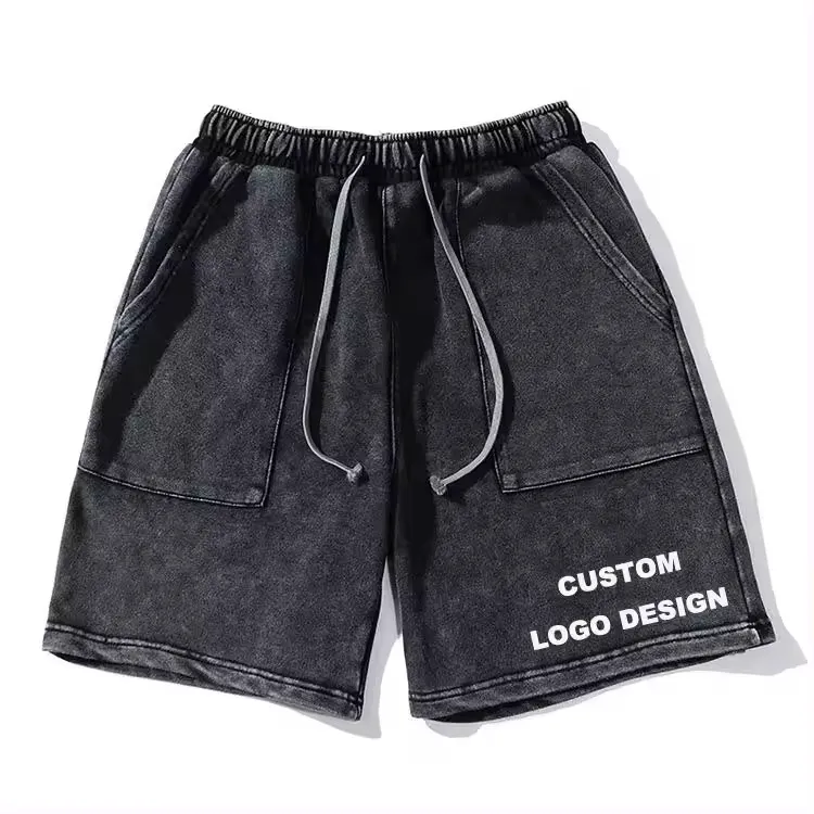 Short lavé lourd avec impression personnalisée OEM Short 100% coton tricoté vintage lavé à l'acide avec pierre pour hommes