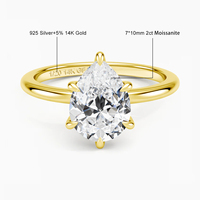 Anillo Solitario de Moissanita Corte Pera de 2ct, Joyería Hipoalergénica, Chapado en Oro de 14K, Certificado GRA, Joyería al por Mayor, Nombre Personalizado