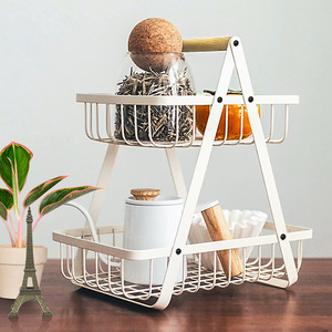 Metal Double Layer Fruit <b>Basket</b> With Wooden Handle Durable Storage Rack For Kitchen Living Room Black And White - Product Image 2