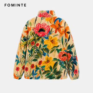 Giacca in pile polare stampata <span class=keywords><strong>a</strong></span> <span class=keywords><strong>fiori</strong></span> all-over da <span class=keywords><strong>donna</strong></span>, calda, in sherpa, morbida, streetwear, con orlo regolabile, all'ingrosso - Product Image 2