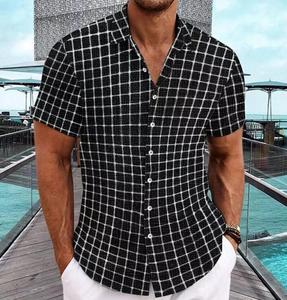 Nouveaux hommes décontracté <span class=keywords><strong>bleu</strong></span> <span class=keywords><strong>blanc</strong></span> <span class=keywords><strong>chemise</strong></span> à <span class=keywords><strong>carreaux</strong></span> boutonné à manches courtes Style Hip Hop Boxy Plaid chemises à <span class=keywords><strong>carreaux</strong></span> - Product Image 4