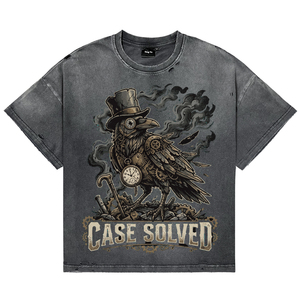 Camiseta de algodón transpirable de manga corta oversize para hombre con lavado vintage y efecto desgastado, con estampado de sombrero de copa punk, reloj de bolsillo, detective y cuervo - Product Image 1