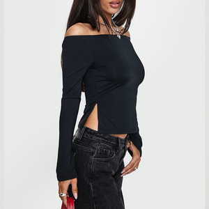 <span class=keywords><strong>Maglietta</strong></span> <span class=keywords><strong>nera</strong></span> a maniche lunghe personalizzata per ragazze Slim Sexy sulle spalle top Crop da donna - Product Image 4