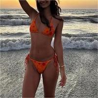 Nouveautés Personnalisées : Maillot de Bain Sexy pour Filles, en Tissu Recyclé, Imprimé Floral Contrastant, avec Bretelles Halter et Liens Latéraux, Style String, Mini Bikini, Tenue de Plage