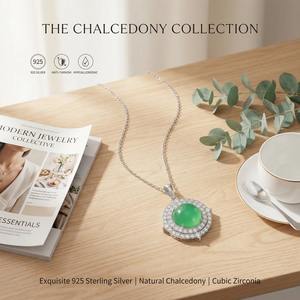 Collier pendentif halo en argent sterling 925 avec calcédoine verte, cabochon rond, bijou vintage pour femme - Product Image 2