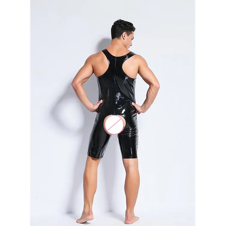 Schwarze Männer Open Crotch Stretch PVC Body suits Sexy Clubwear Wetlook Dessous Body Suits Latex Catsuit Kunstleder Jumps uits
