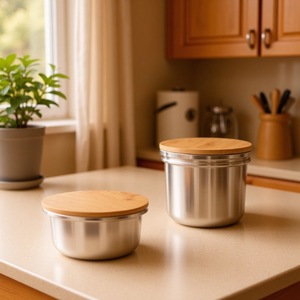 304 Stainless Steel Round Airtight <b>Container</b> Bamboo Lid Food Storage Jar For Coffee Beans <b>Snacks</b> Tea Grains - Product Image 2