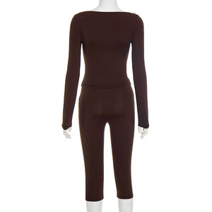 Wanita 2025 musim gugur 2 potong Set Soild lengan panjang atasan Crop celana Capri dua potong Set baju olahraga - Product Image 3