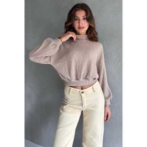 Blusa Corta Texturizada con Cuello Alto para Mujer, Tejida, Manga Larga, Casual, para Uso Diario, Color Marrón - Product Image 1