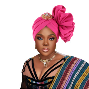 Nuevo Turbante Nigeriano Africano <span class=keywords><strong>para</strong></span> Boda, de Verano, en Poliéster, Elegante, con Flores Cosidas a Mano, Broche, Pañuelo <span class=keywords><strong>para</strong></span> la Cabeza, Gorro, Sombrero - Product Image 3