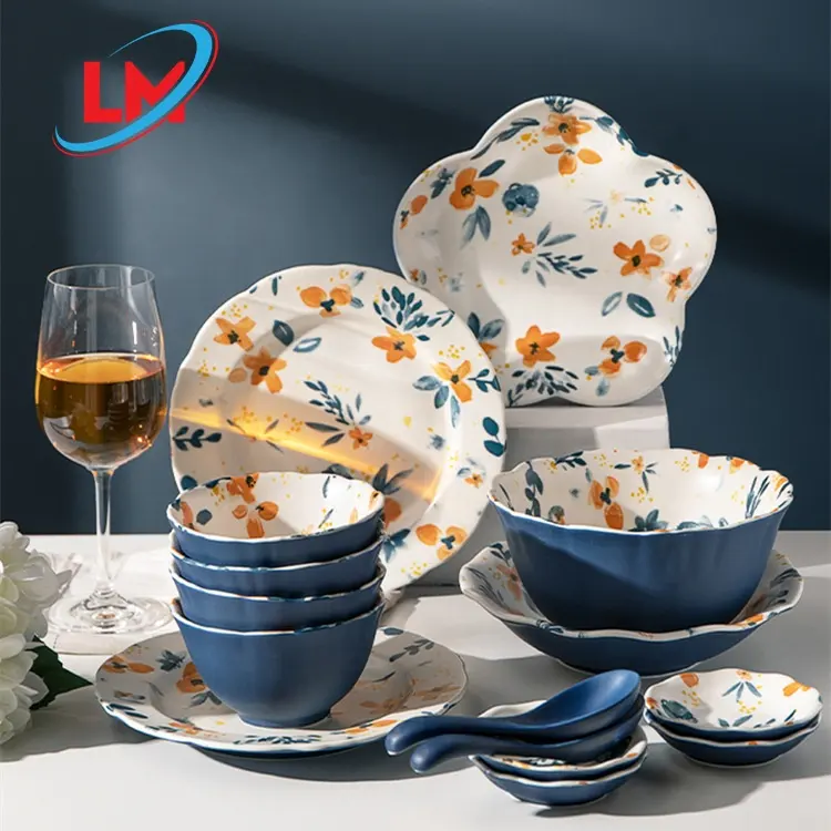 Nordic Bloem Keramische Borden En Schalen Servies Set Porseleinen Ramen Salade Kommen Oplader Plaat Set