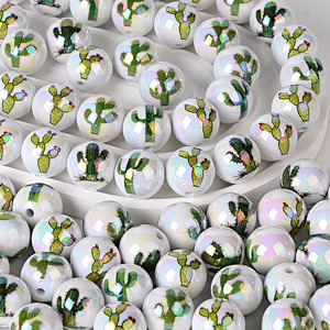 16mm <b>Acrylic</b> Mixed Color Printed Cactus Straight-Hole <b>Beads</b> DIY String Jewelry Mobile Phone Keychain Accessories Colorful - Product Image 5