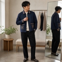 Veste brodée pour homme, bleu marine, fermeture éclair sur le devant, manches longues, poche plaquée, veste décontractée streetwear, vente en gros