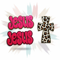 Patch brodé personnalisé Jésus en chenille, motif léopard rose vif, croix religieuse chrétienne, thermocollant pour veste universitaire