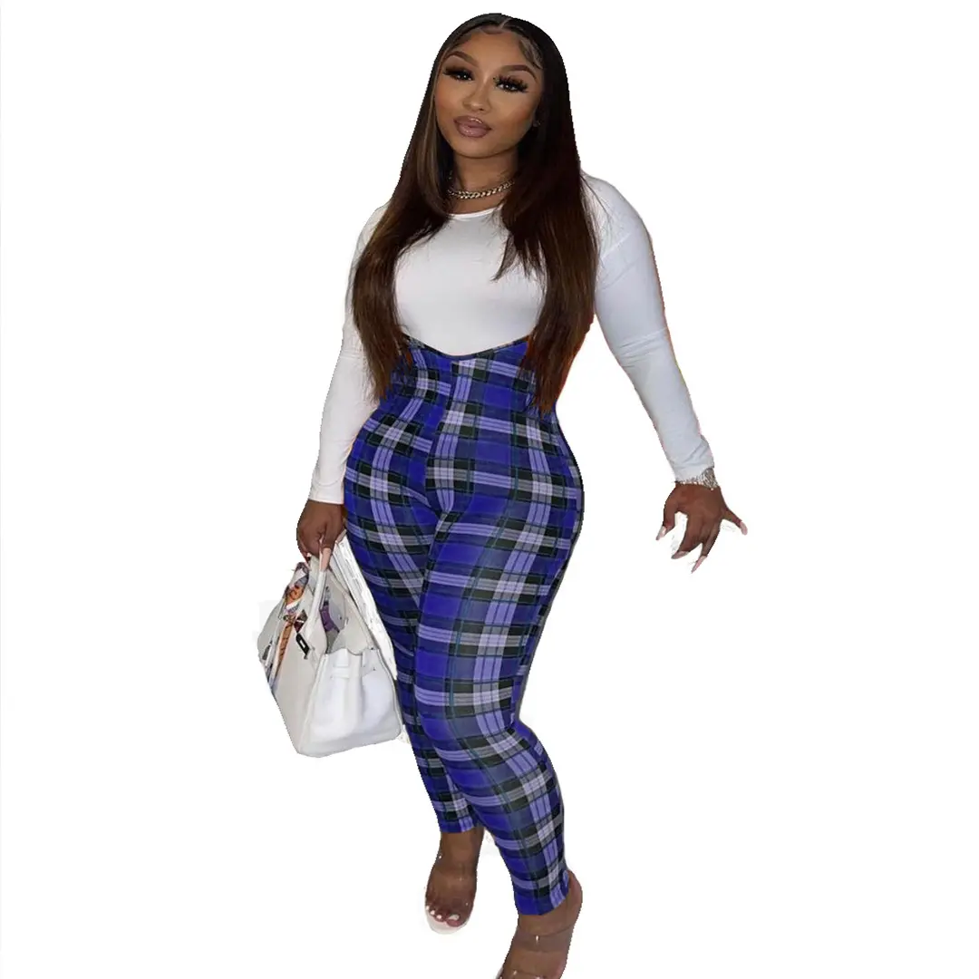 CL6101 plaid jumpsuit and t-shirt suit Hot selling womens white shirt and girl suspender pants plaid two piece set for women