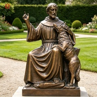 Statue de Saint François en bronze grandeur nature assis avec un loup, sculpture religieuse en métal pour la décoration de l'église, du jardin et du paysage