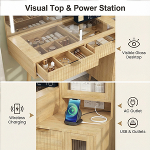 Coiffeuse Bohème avec Miroir et Lumières, Couleur Chêne, Table de Maquillage Cannelée avec Plateau en Verre Moderne pour Chambre <span class=keywords><strong>à</strong></span> Coucher - Product Image 5