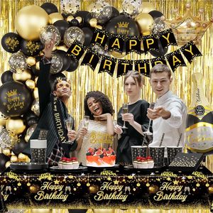 <strong>Black</strong> <strong>and</strong> <strong>Gold</strong> <strong>Birthday</strong> <strong>Decorations</strong> Happy <strong>Birthday</strong> Banner Fringe Curtain Tablecloth Bday Sash Crown for Men Women Bday Decor - Product Image 2