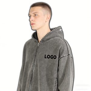 เสื้อฮู้ดดี้ผู้ชายแบบซิป คุณภาพสูง พิมพ์ลายโลโก้ ดีไซน์ขาดๆ แบบวินเทจ ผ้าฝ้ายเฟรนช์เทอร์รี่ 450GSM เสื้อผ้าผู้ชาย - Product Image 4
