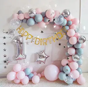 生日婴儿淋浴派对粉色和蓝色气球花环拱形套件，配有0-9号箔气球和生日快乐横幅旗帜